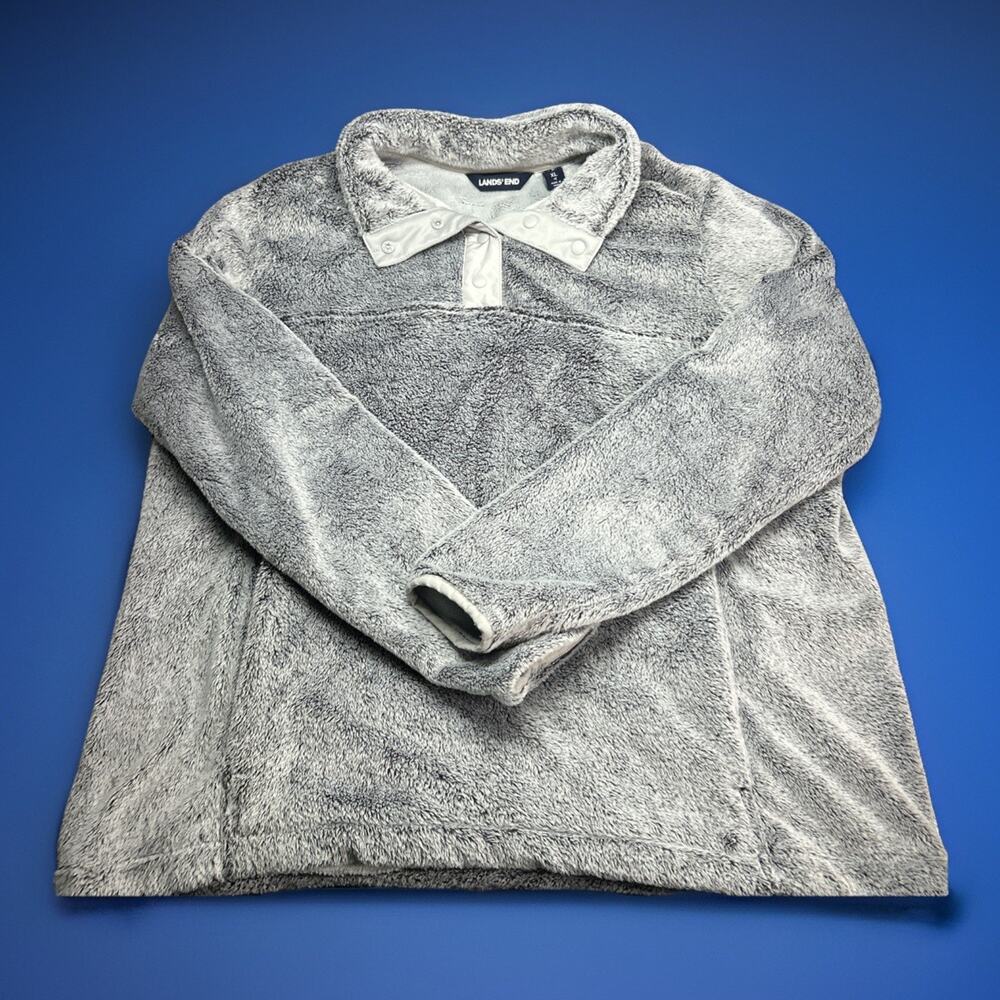 Lands' End Womens Size XL Pullover Sherpa Fleece Button Snap Sweater Grey Pocket